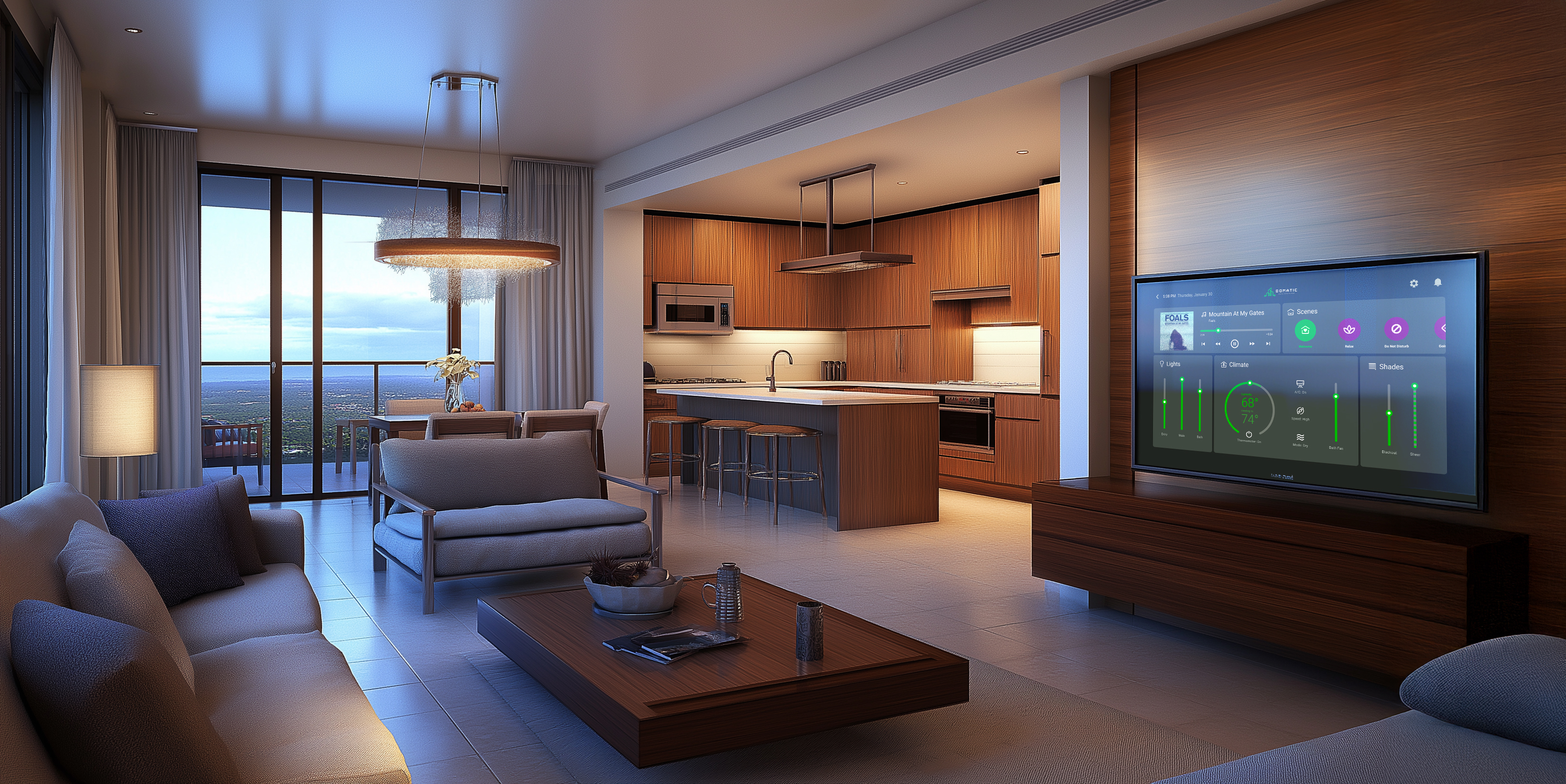 Modern condo interior with smart building controls